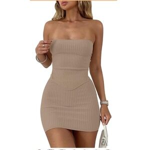 Womens Skirt Set‎ Size Medium Tan Ribbed Knit 2 Pc Mini Skirt Strapless Tube Top